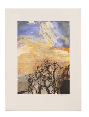une image représentant un tableau représentant une scène désertique avec un nuage dans le ciel
