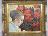 an oil painting of a woman with flowers in a gold frame