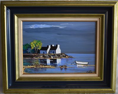 painting of a boat on a body of water with a house in the background