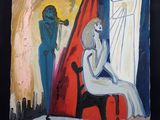 tableau représentant une femme assise sur une chaise devant un tableau représentant un homme