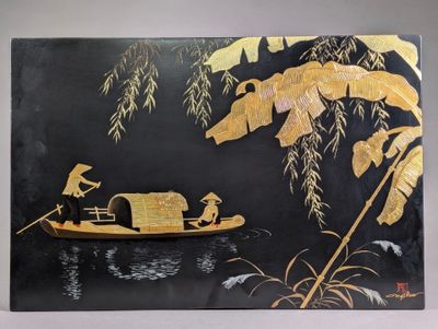 a picture of a painting of a man and a woman in a boat