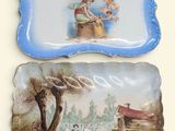 two trays with pictures of people on them on them