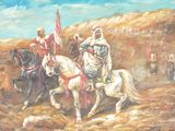 un tableau représentant deux hommes à cheval dans le désert