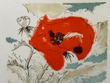a painting of a red flower on a white background