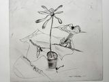 dessin représentant une fleur dans un pot posé sur une table dans une pièce
