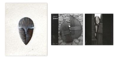 three black and white photographs of a wooden mask on a wall