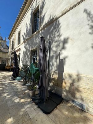 une photo d'une terrasse avec un parasol et des plantes en pot