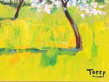 a painting of two trees in a field with yellow grass