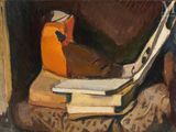 une peinture représentant un livre et une tasse posés sur une table