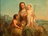 a painting of a woman and two children sitting on a hill