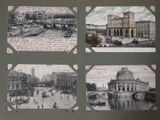 several pictures of old postcards of a city with buildings and a bridge