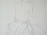 drawing of a nude woman sitting on a bed with her hand on her head