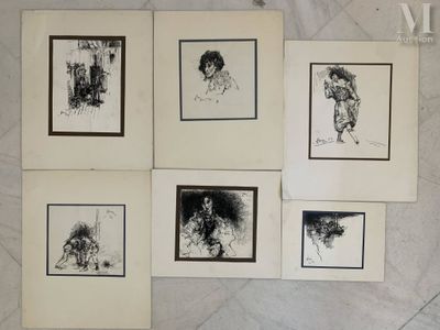 quatre dessins en noir et blanc représentant une femme coiffée d'un chapeau