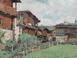 a painting of a village with a fence in the foreground