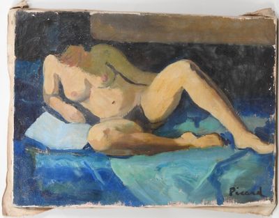 an oil painting of a nude woman laying on a blue blanket