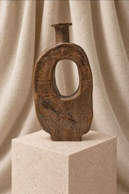 un petit vase posé sur un socle blanc