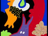 an abstract painting of a woman with a bird on her head