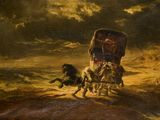 une image représentant un tableau de deux chevaux tirant un chariot couvert