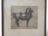 painting of a horse drawn by a man in a harness