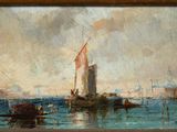 an oil painting of a sailboat on a body of water with a city in the background