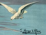 painting of a seagull flying over a body of water with a sky background