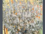 une peinture à l'huile représentant un arbre dans un champ, sur lequel est perché un oiseau