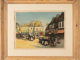 painting of a street scene with a horse drawn carriage and a horse drawn carriage