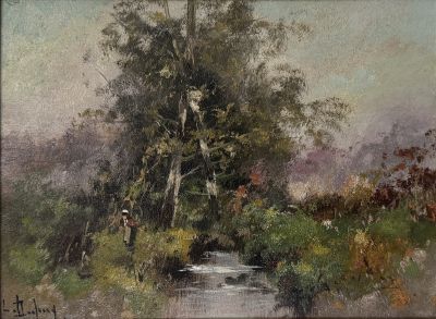 an oil painting of a stream running through a lush green field