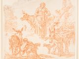 a drawing of a group of animals and a man in a landscape