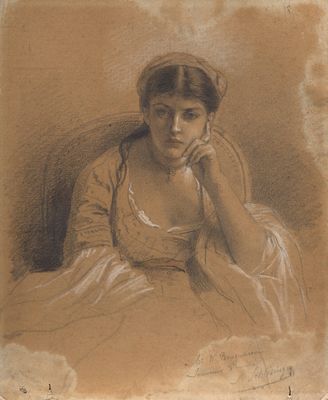 dessin représentant une femme assise sur une chaise, la main posée sur le menton
