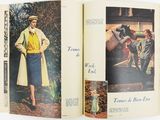 an open book with a picture of a woman in a yellow top and a man in a blue skirt and a man in a yellow coat