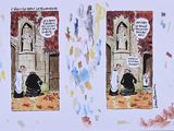 two cartoon pictures of a man and a woman sitting in front of a building