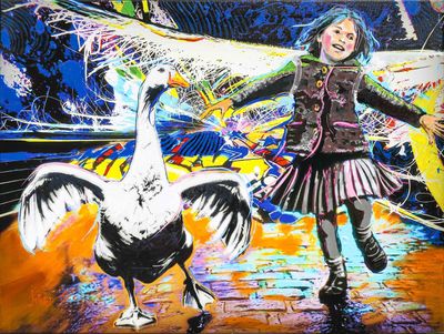 un tableau représentant une petite fille debout à côté d'un oiseau