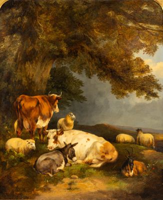tableau représentant des vaches et des moutons se reposant sous un arbre dans un pâturage