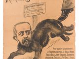 an old french poster of a man with a beard and a cat