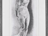 a black and white drawing of a woman standing on a stool