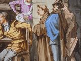 a painting of a group of men standing around a table