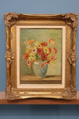 a painting of flowers in a vase on a shelf