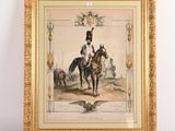 an old picture of a man riding a horse in a gold frame