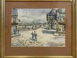 painting of a man and a woman walking down a street