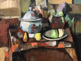 a painting of a bowl of fruit and a bowl of flowers on a table
