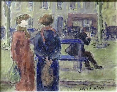 un tableau représentant deux femmes assises sur un banc dans un parc