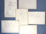 several drawings of people and a dog on a blue wall