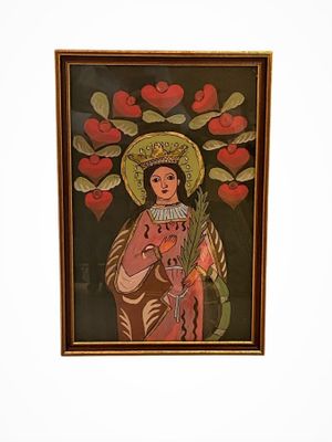 painting of a woman holding a bunch of flowers in her right hand