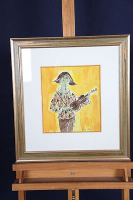 tableau représentant un homme jouant de la guitare devant un chevalet