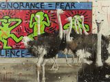 painting of two ostriches standing in front of a graffiti covered wall