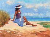 tableau représentant une femme assise sur une plage, coiffée d'un chapeau