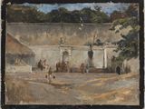 tableau représentant une scène de rue avec des personnages et des chevaux devant un bâtiment