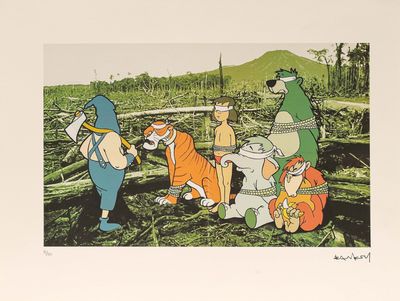 a picture of a group of cartoon characters in the woods