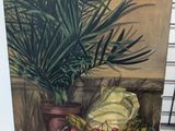 a painting of a potted plant on a table next to a potted plant